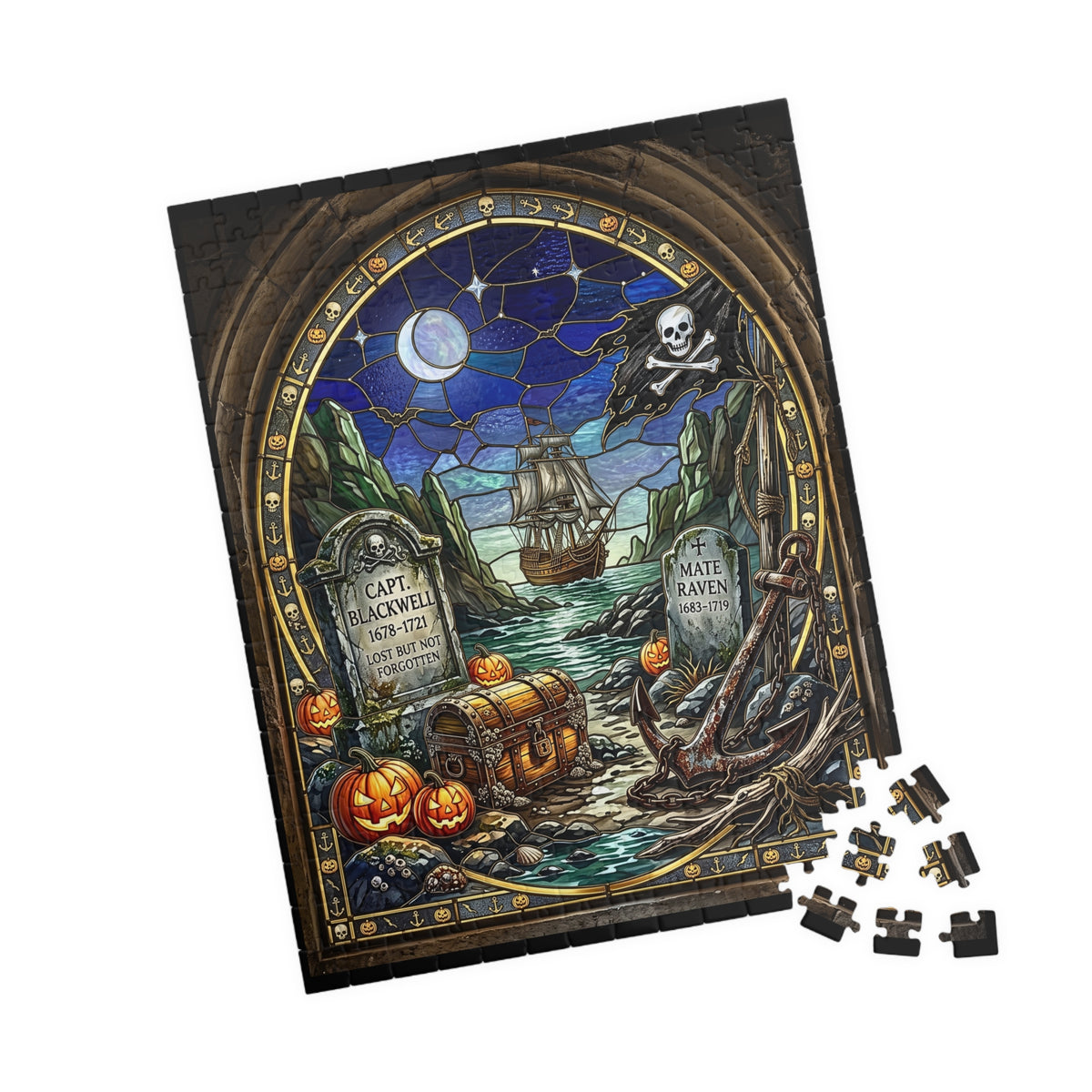 Haunted Pirate Graveyard | Stained-Glass Jigsaw Puzzle | Halloween Jolly Roger, Crescent Moon & Ghost Ship Art | Spooky Nautical Treasure