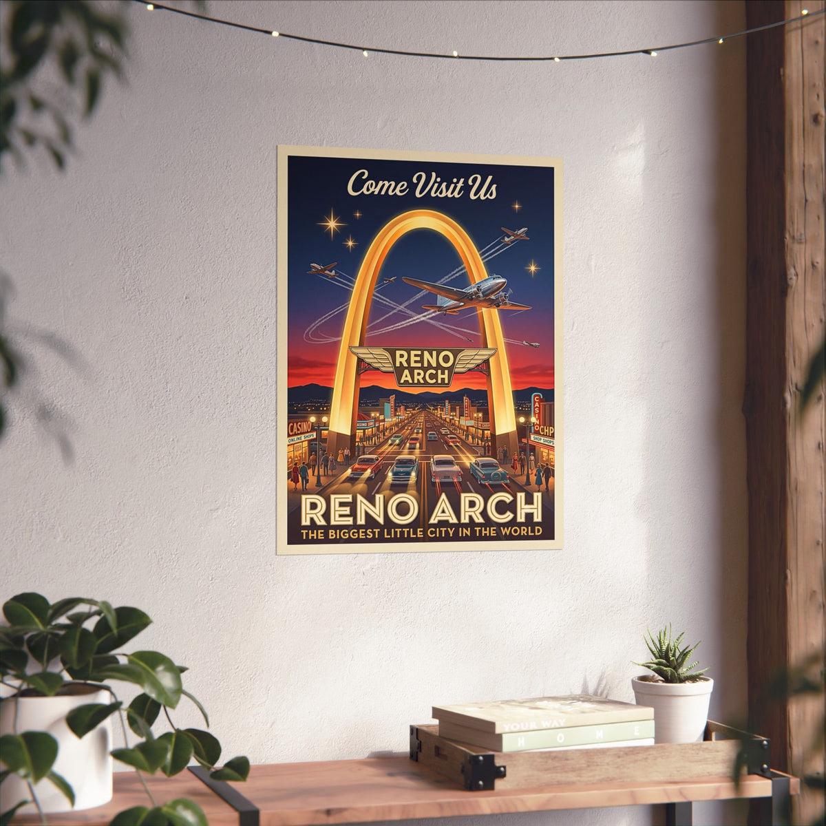 Reno Arch Retro Travel | Matte Vertical Poster | Vintage Nevada Mid-Century Wall Art | Biggest Little City | 1950s Americana Cityscape Decor