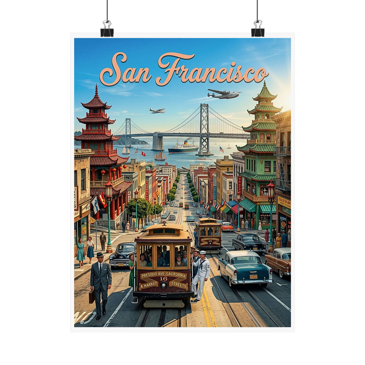 Vintage 1950's San Francisco Travel Art | Matte Vertical Poster | Mid-Century Modern Cable Car| Retro Bay Bridge & Chinatown Cityscape Print