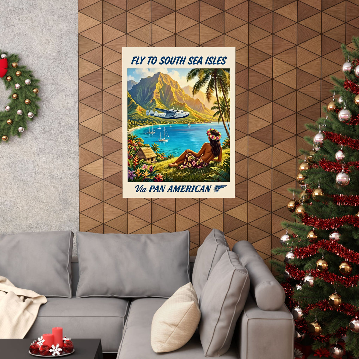 Fly to South Sea Isles | Vintage Travel Matte Poster| Retro Pan Am Clipper Seaplane Art| Tropical Island Decor | Midcentury Polynesian Print