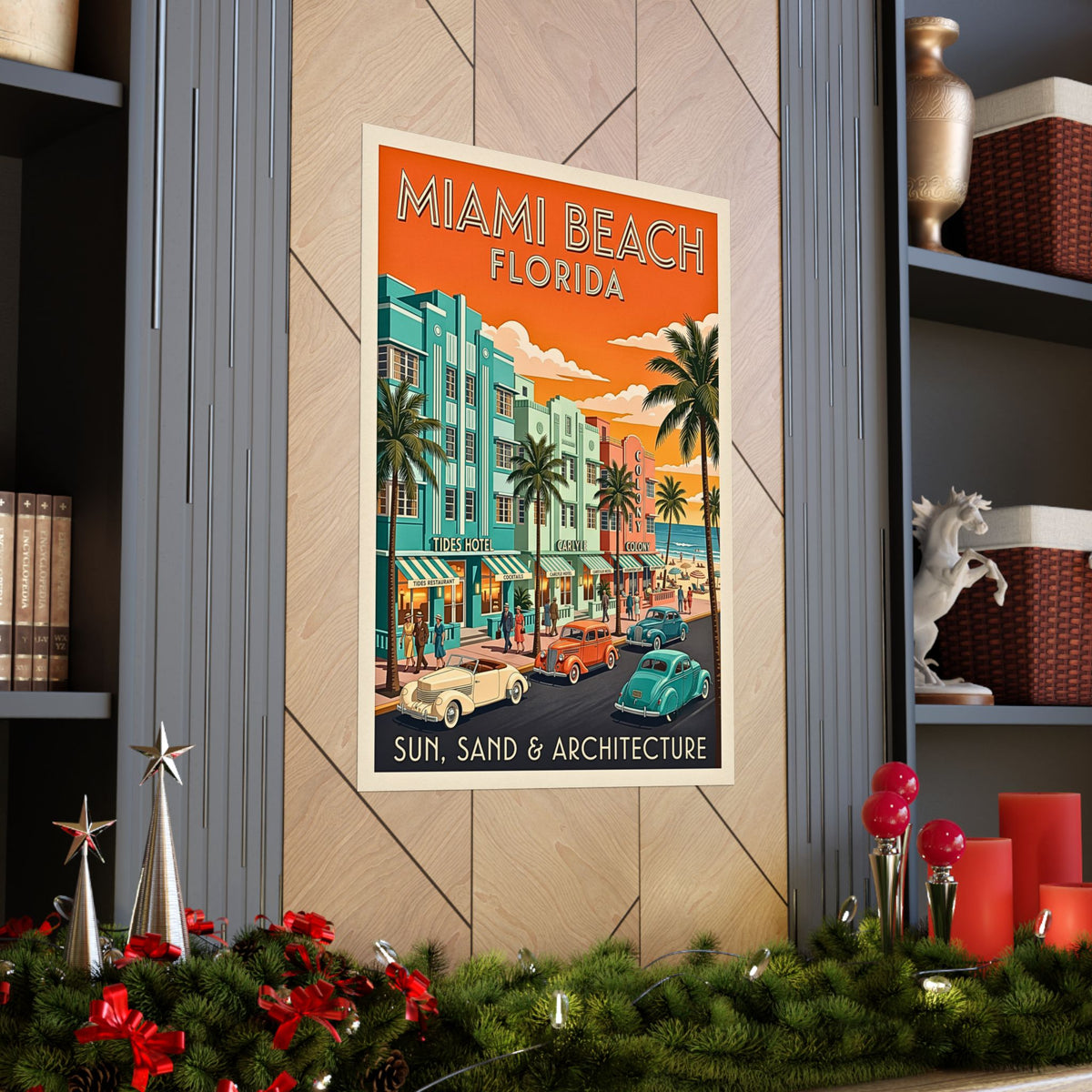 Miami Beach Florida Art Deco Travel | Matte Poster | Retro Vintage Mid-Century Wall Art | Ocean Drive, Tides & Carlyle Hotels, Classic Cars