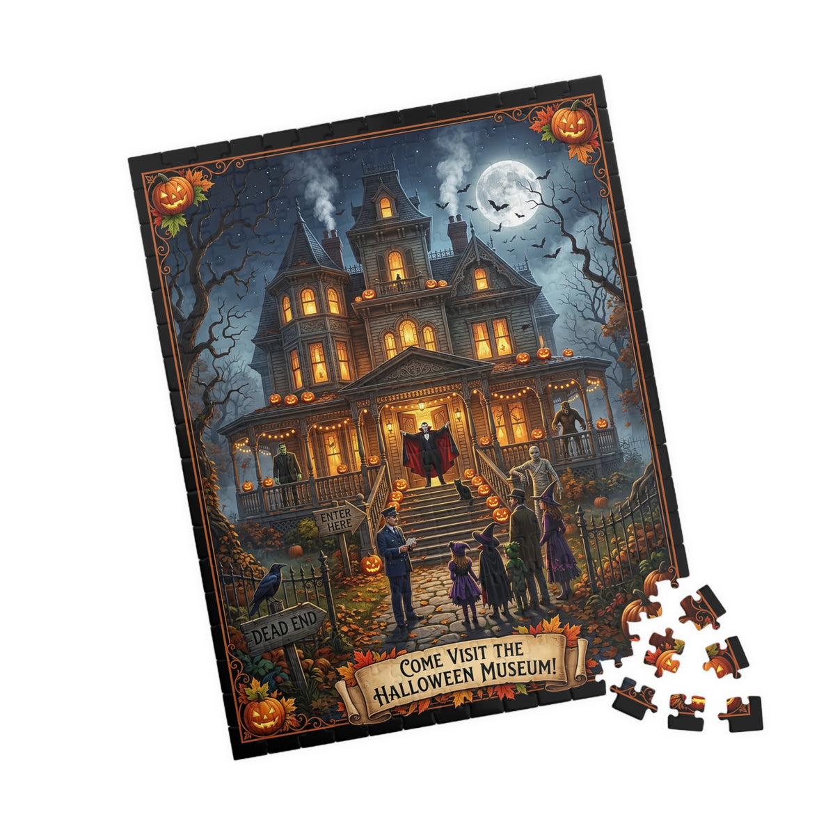 The "Halloween Museum" Jigsaw Puzzle| Haunted Victorian Mansion & Classic Monsters| Spooky Trick or Treat Scene | Vintage Autumn Jigsaw Gift