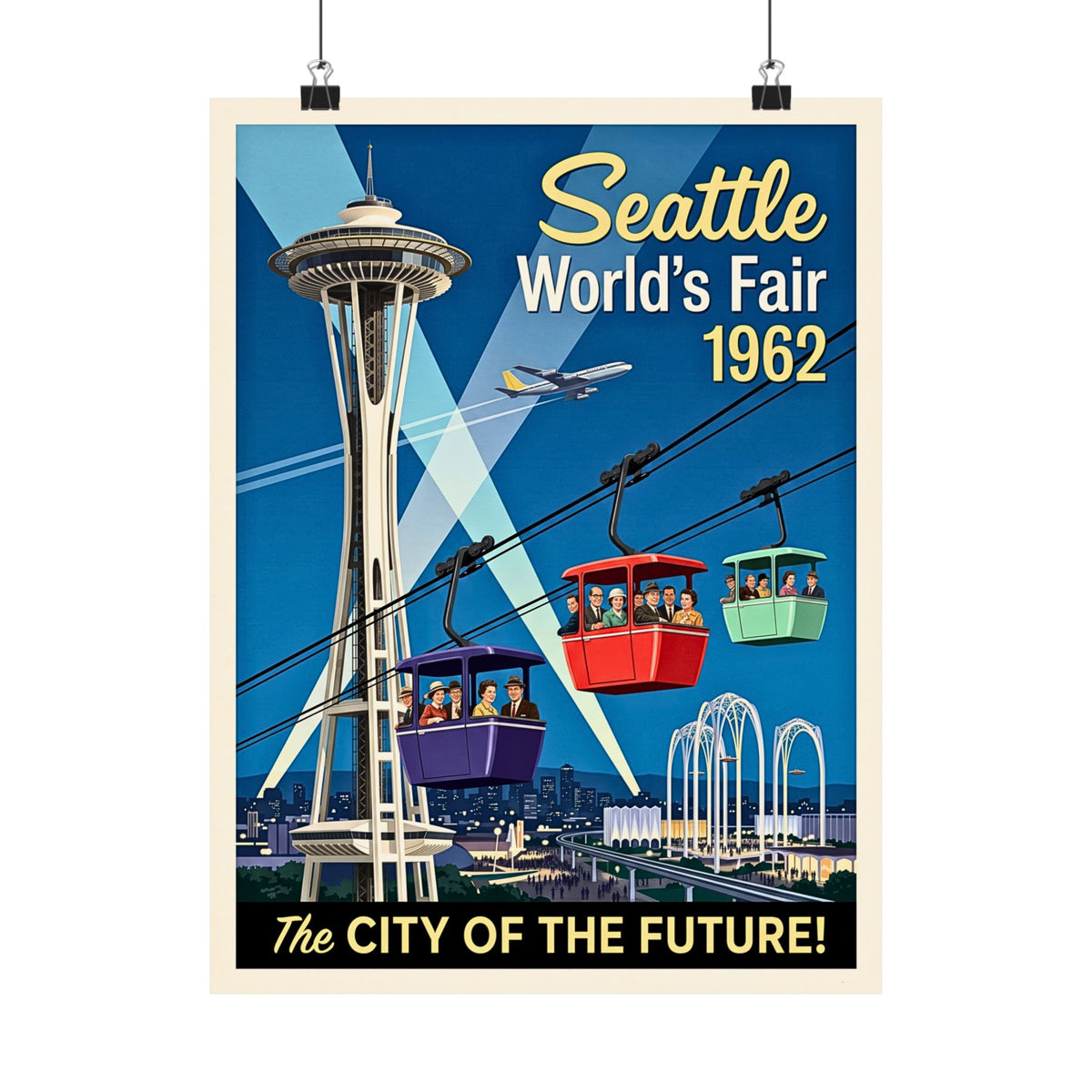 Seattle 1962 World's Fair | Retro Travel Print | Vertical Matte Poster | Mid-Century Modern Space Needle | Cable Cars | Vintage Cityscape