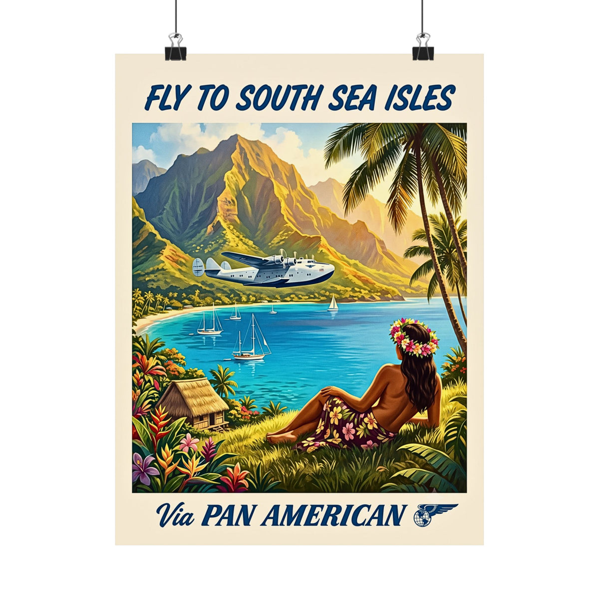 Fly to South Sea Isles | Vintage Travel Matte Poster| Retro Pan Am Clipper Seaplane Art| Tropical Island Decor | Midcentury Polynesian Print