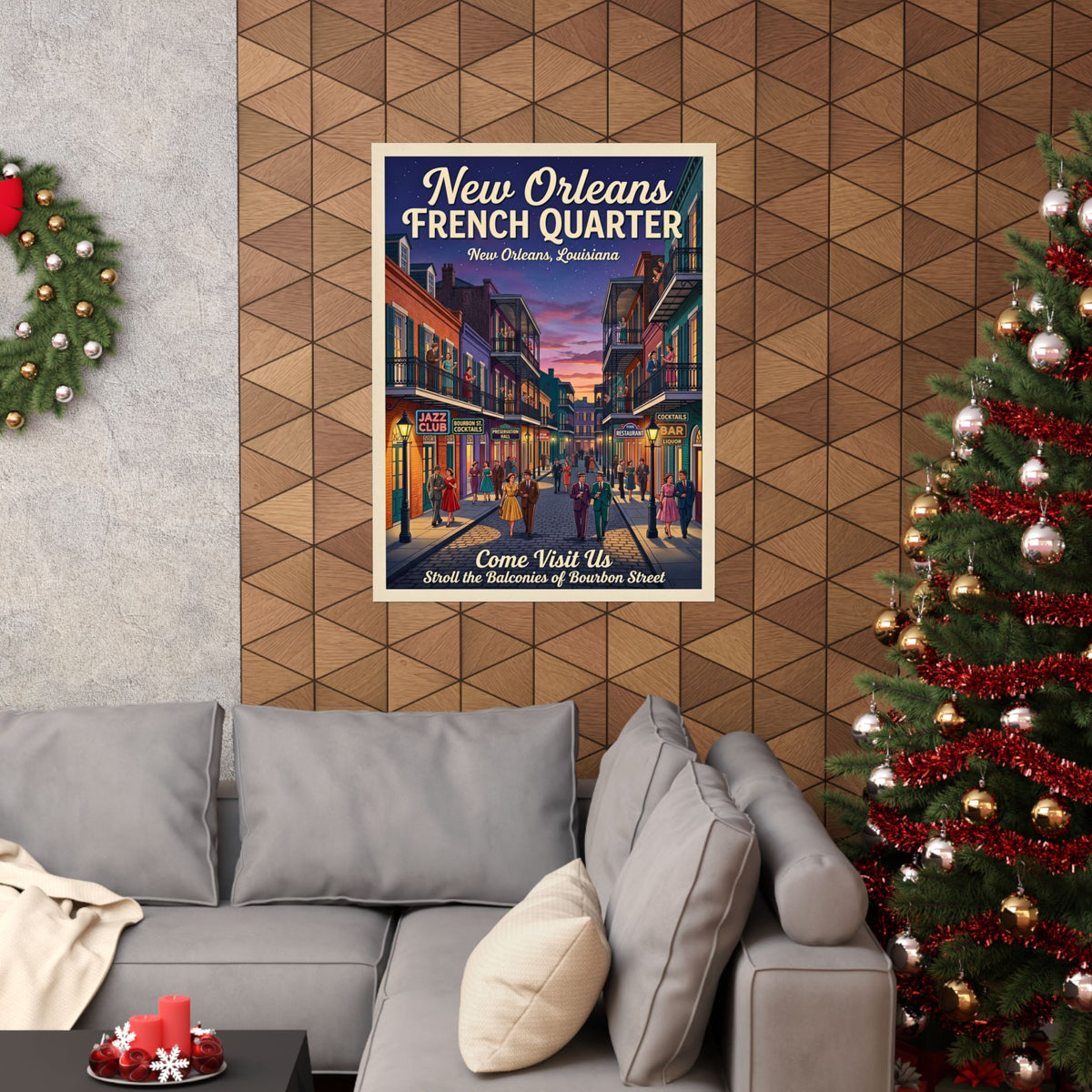 Retro New Orleans Travel Rolled Poster | 1950s French Quarter Twilight Art | Bourbon Street Balcony Print | Photo-realistic NOLA Wall Decor