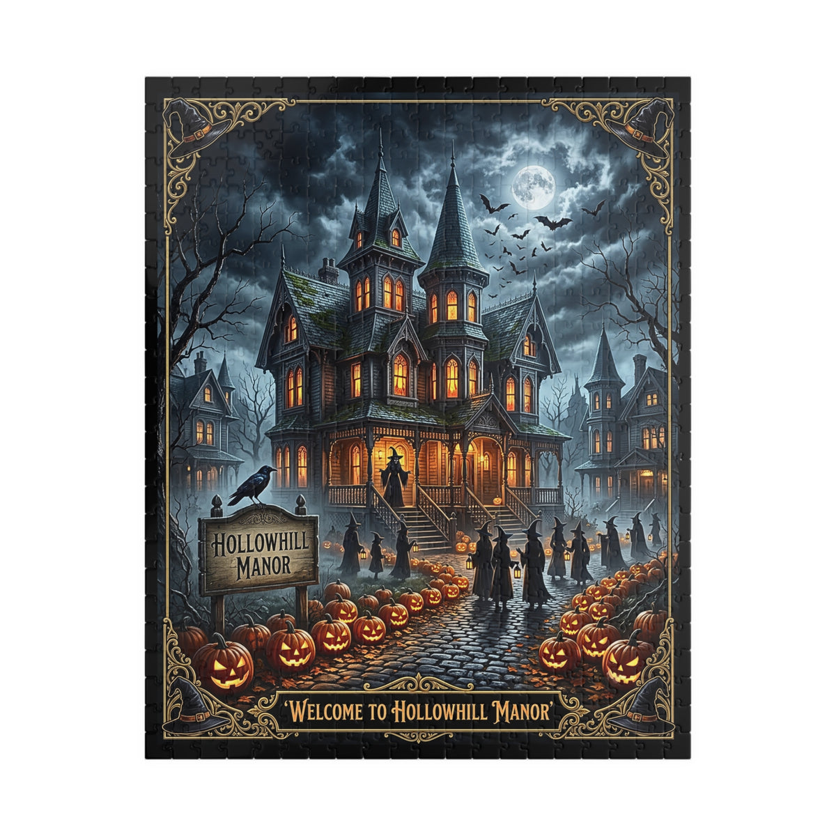 Hollowhill Manor Halloween Jigsaw Puzzle | Spooky Gothic Victorian Haunted Mansion | Witch Decor, Jack-O-Lanterns, Bats, Crows