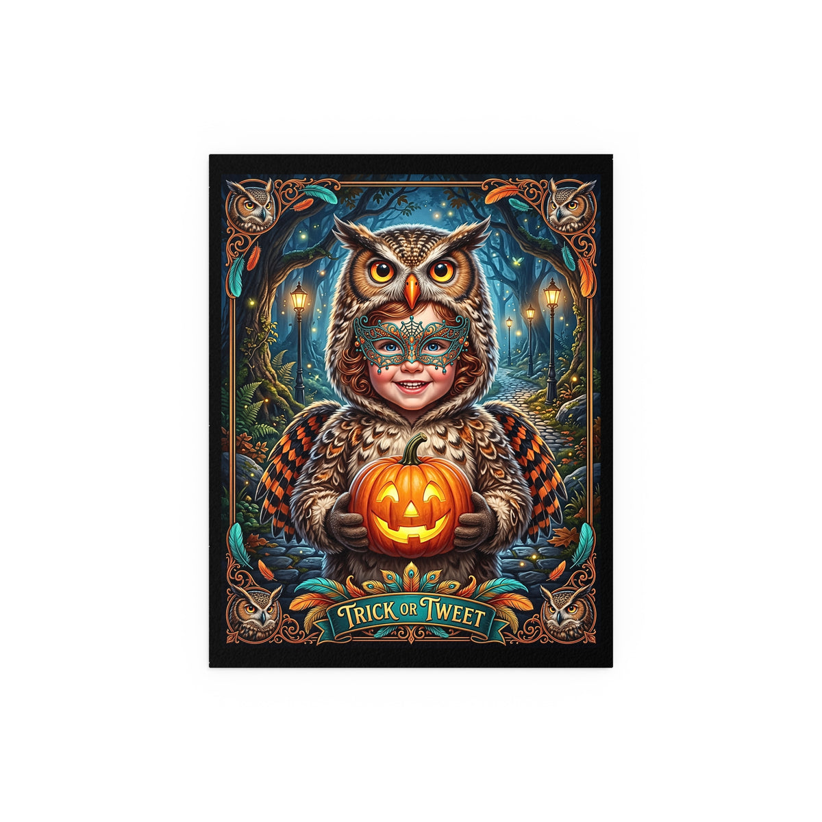 Whimsical "Trick or Tweet" Halloween Silk-finish Poster| Cute Young Owl Art | Magical Autumn Forest Pumpkin| Nursery Decor & Kids Room Print