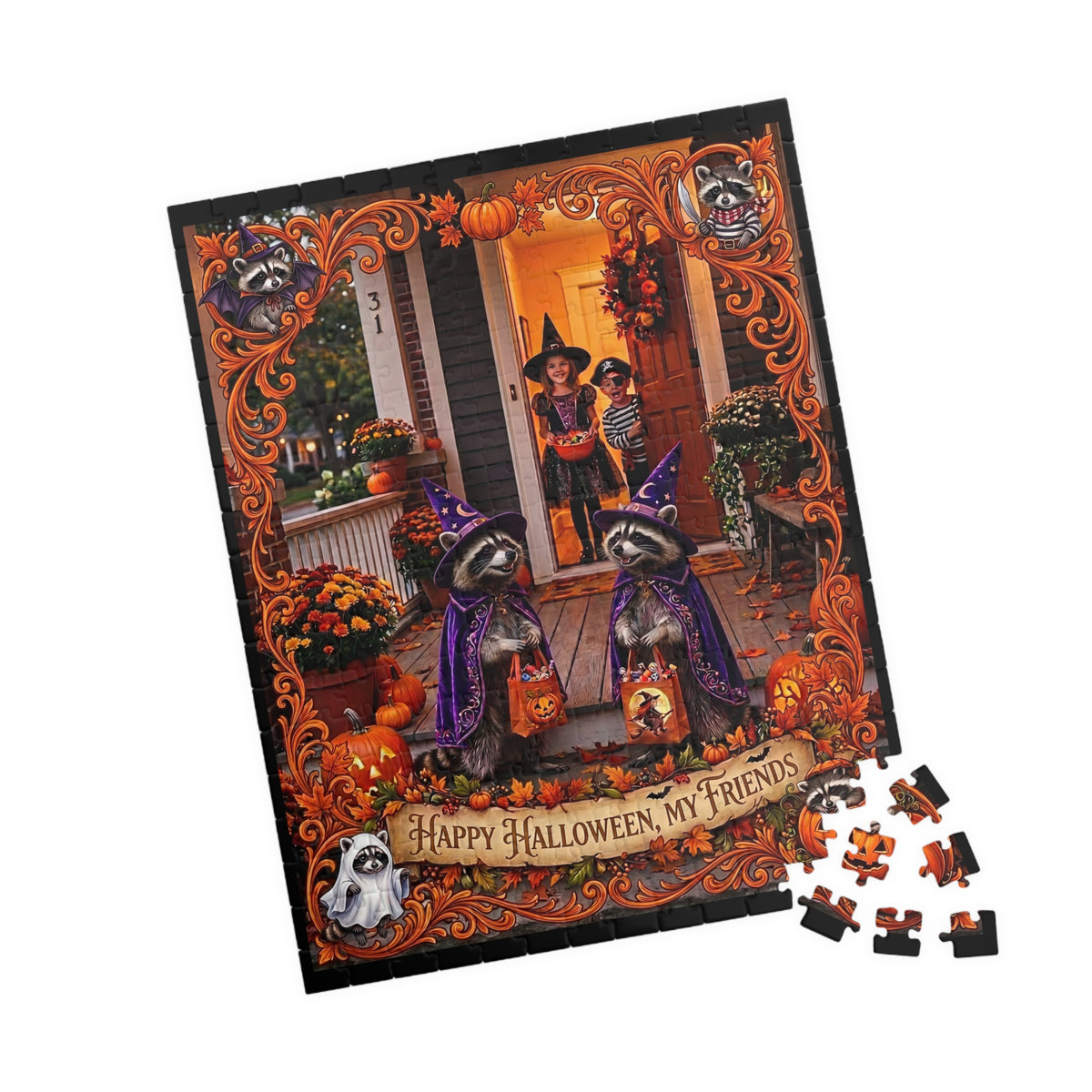 Happy Halloween, My Friends | Jigsaw Puzzle | Trick-or-Treat Costumed Raccoons | Autumn Spooky Fall Porch Art | Fall Gift for Kids & Adults