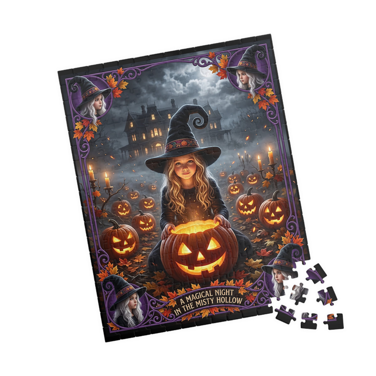 Halloween Art Jigsaw Puzzle | Cute Costumed Witch Girl | Glowing Jack-o'-Lanterns, Haunted Victorian Mansion | Fall Gift for Kids & Adults
