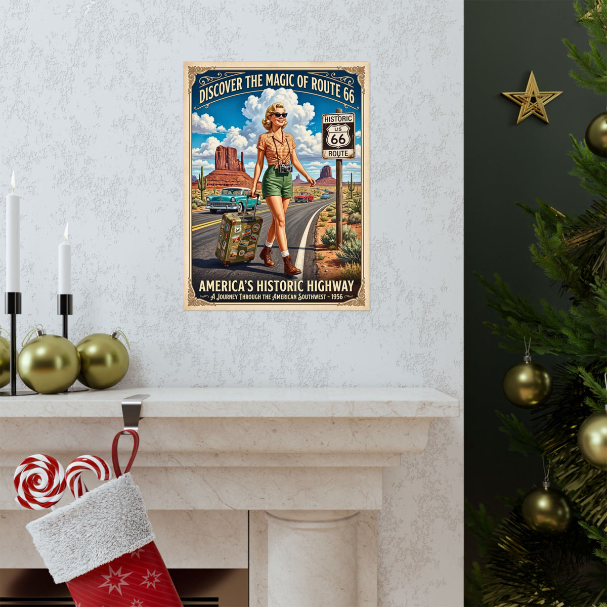 Vintage Route 66 Travel | Matte Vertical Poster | 1950s Retro Americana Wall Art | Southwest Desert Road Trip Print | Mid-Century Home Decor