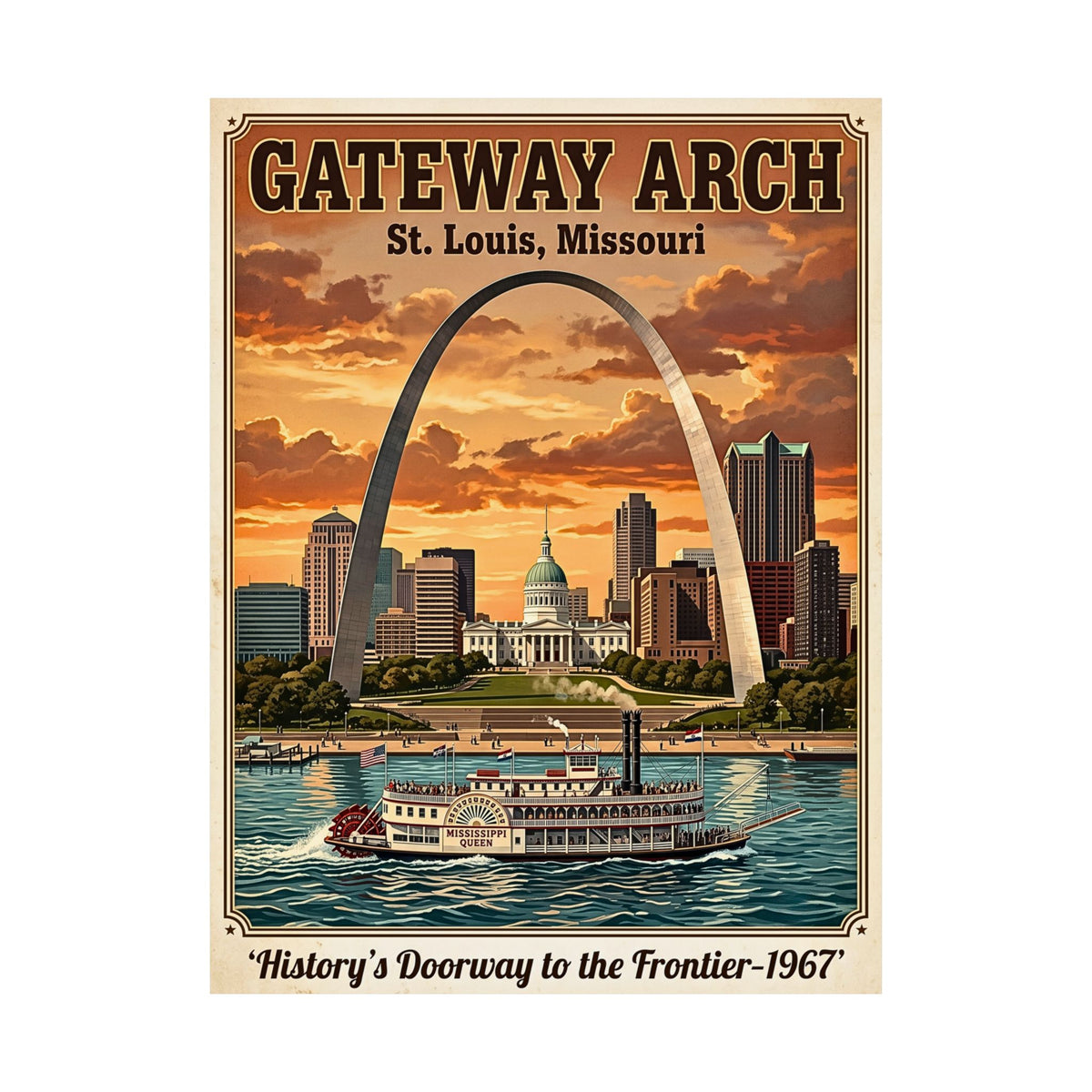 St. Louis Gateway Arch | Vertical Matte Travel Poster | Retro Mid-Century Wall Art | 1960's Historic Mississippi River Steamboat Graphic