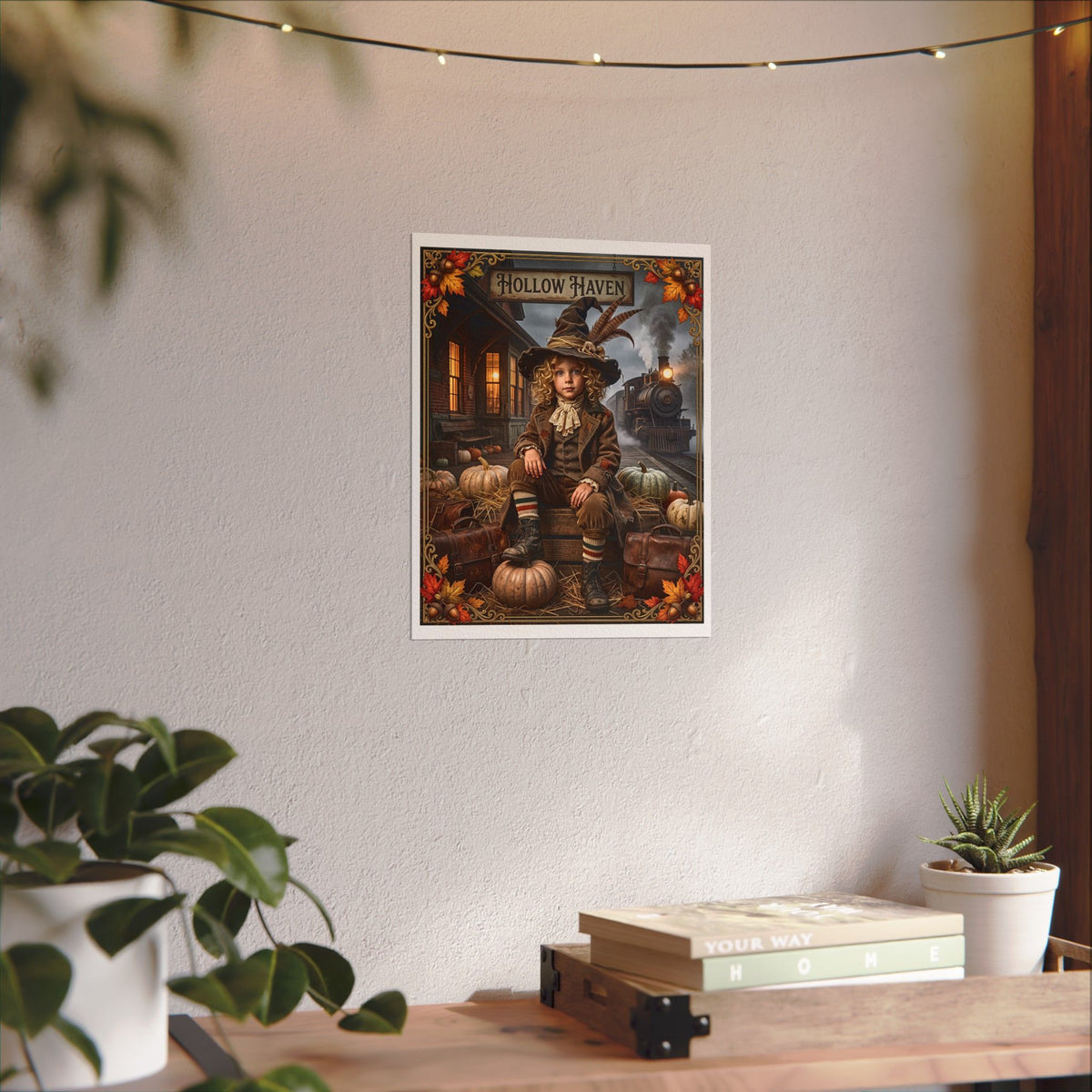 Vintage Halloween Traveler Child Design | Textured Watercolor Matte Poster | Gothic Fall Graphic | 1900 'Hollow Haven' Train Station