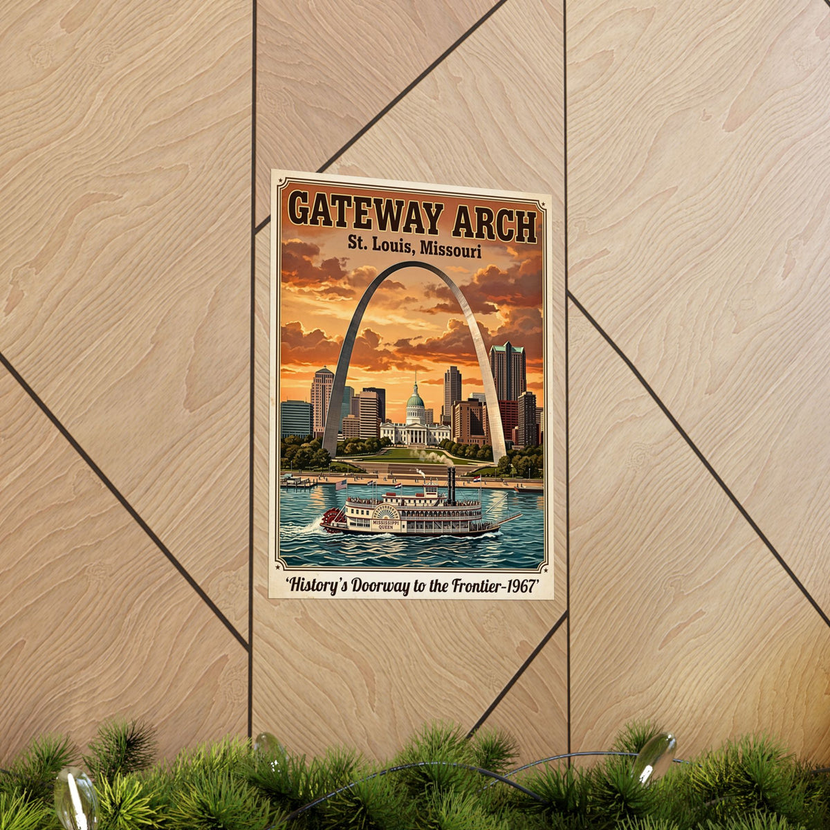 St. Louis Gateway Arch | Vertical Matte Travel Poster | Retro Mid-Century Wall Art | 1960's Historic Mississippi River Steamboat Graphic