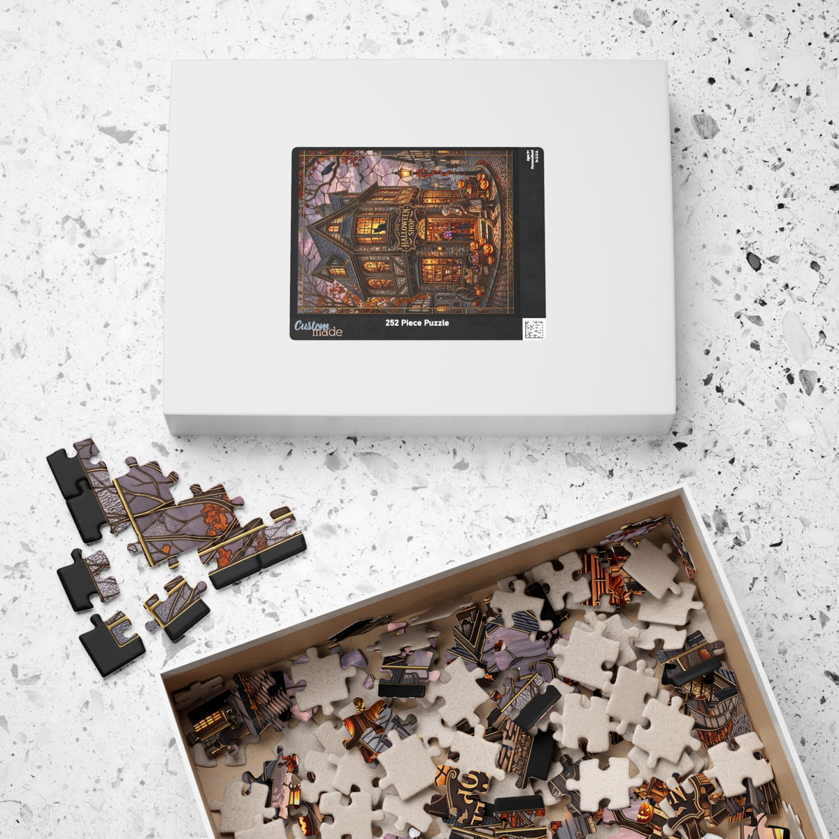 Magical Halloween Shop | Faux Stained-Glass Jigsaw Puzzle | Spooky Autumn Village Print | Whimsical Black Cat and Pumpkins Fall Decor