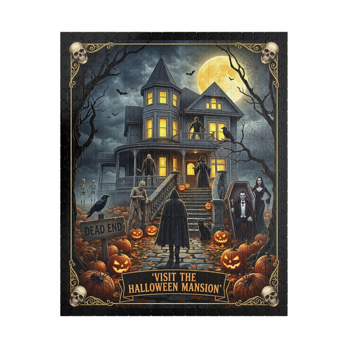 Visit The Halloween Mansion Jigsaw Puzzle | Creepy Victorian Estate with Dracula, Mummy & Wolfman | Fall Pumpkins Vintage Style Art