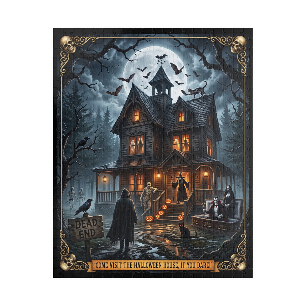 Vintage Haunted Halloween Mansion Jigsaw Puzzle | Spooky Victorian Estate Design | Classic Monsters-Vampire, Mummy, Witch, and Skeletons