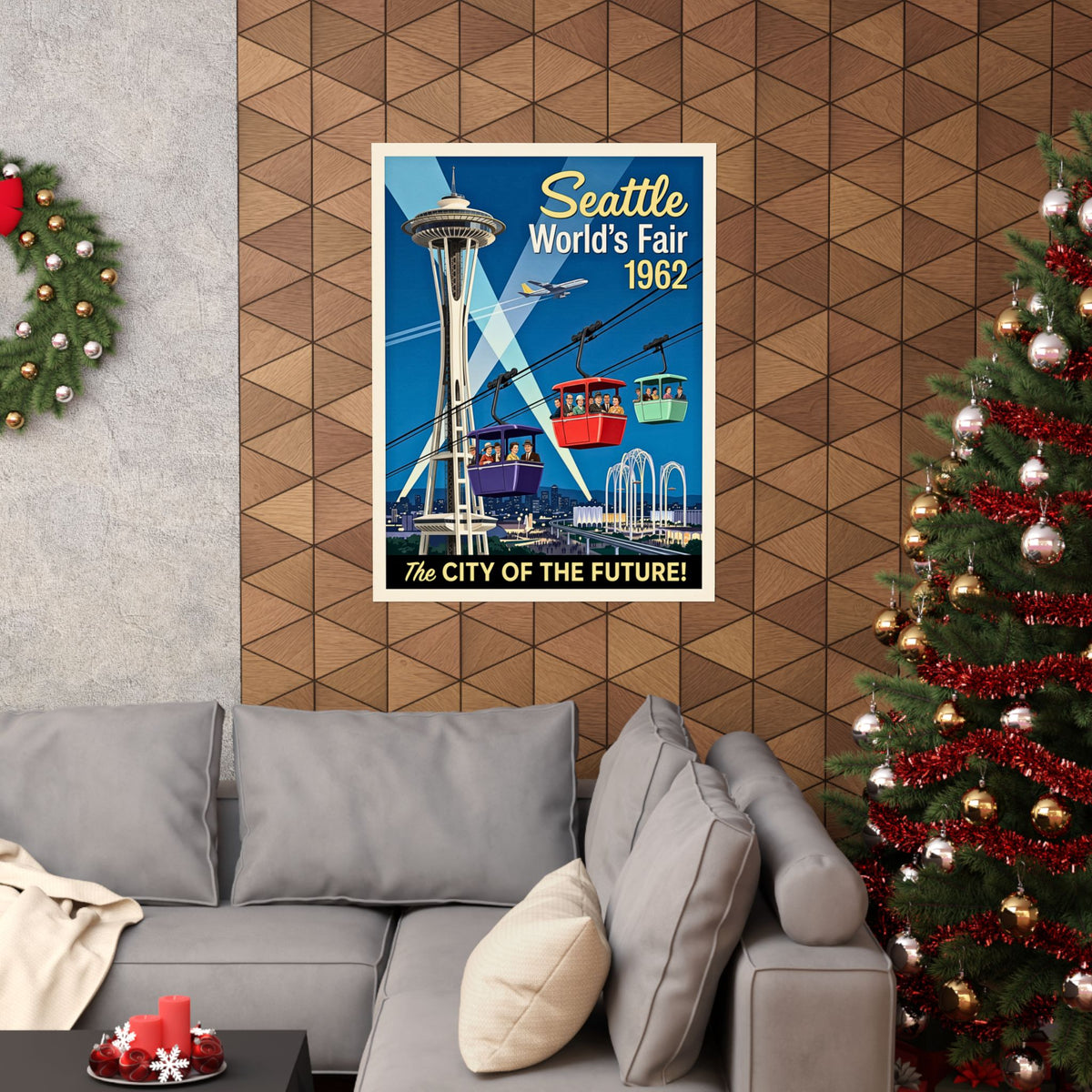 Seattle 1962 World's Fair | Retro Travel Print | Vertical Matte Poster | Mid-Century Modern Space Needle | Cable Cars | Vintage Cityscape