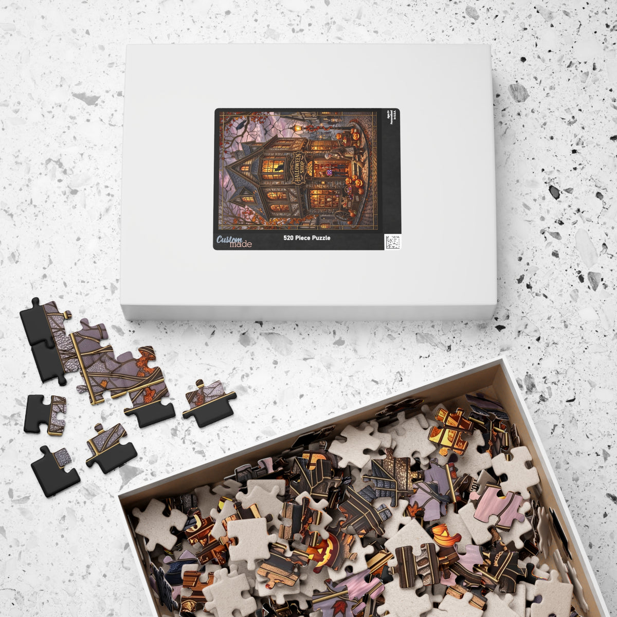 Magical Halloween Shop | Faux Stained-Glass Jigsaw Puzzle | Spooky Autumn Village Print | Whimsical Black Cat and Pumpkins Fall Decor
