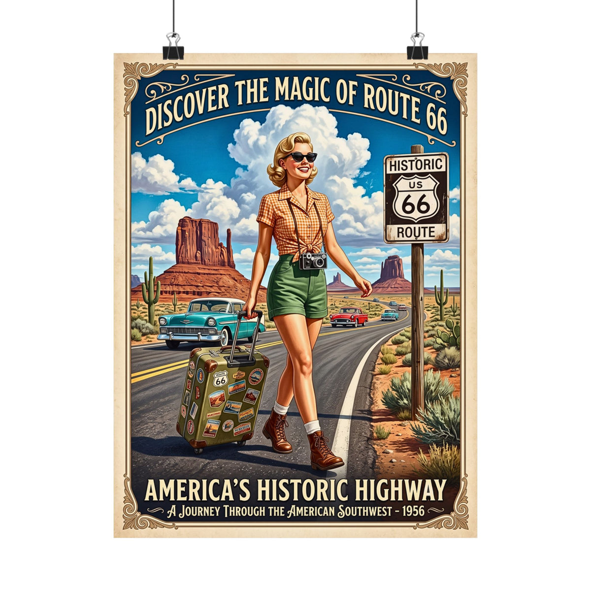 Vintage Route 66 Travel | Matte Vertical Poster | 1950s Retro Americana Wall Art | Southwest Desert Road Trip Print | Mid-Century Home Decor