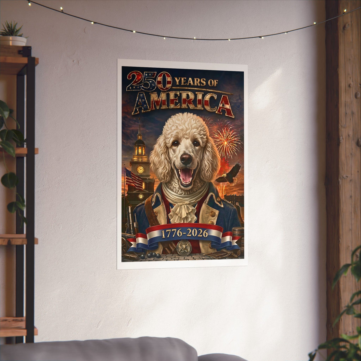 Patriotic POODLE Dog | Matte Finish Poster | 250 Years of America 1776-2026 | Independence Hall | Soaring Bald Eagle | Fireworks | 5 sizes