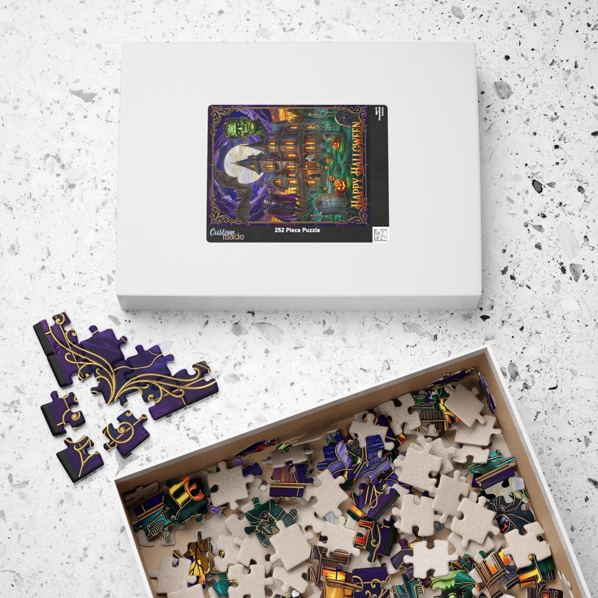 Vintage "Happy Halloween" Stained-Glass Jigsaw Puzzle | Classic Frankenstein & Vampire Monsters | Haunted Victorian Mansion