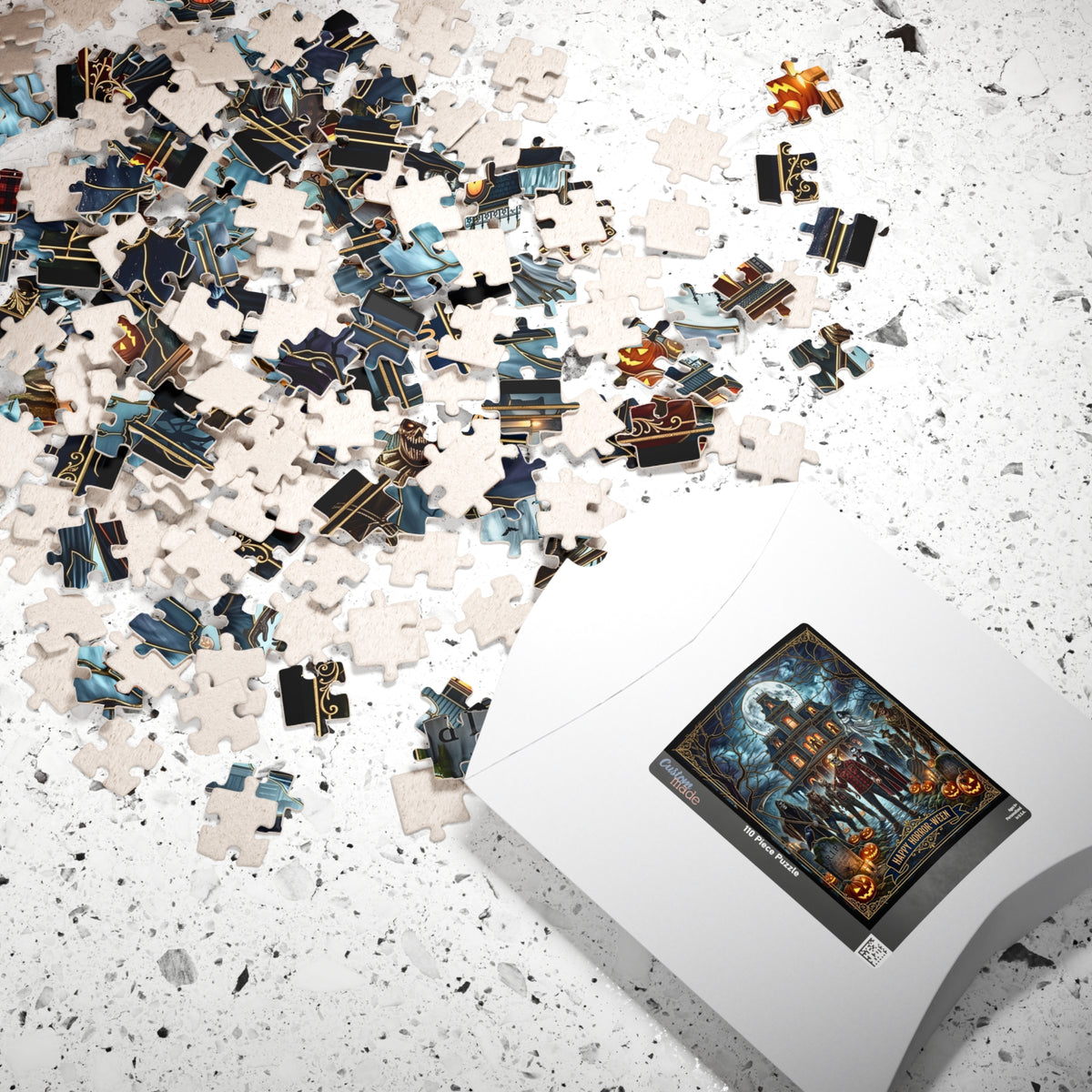 Victorian Haunted House | Faux Stained-Glass Jigsaw Puzzle | Happy Horror-Ween | Classic Horror Monsters, Jack-O-Lanterns, Creeping Spiders