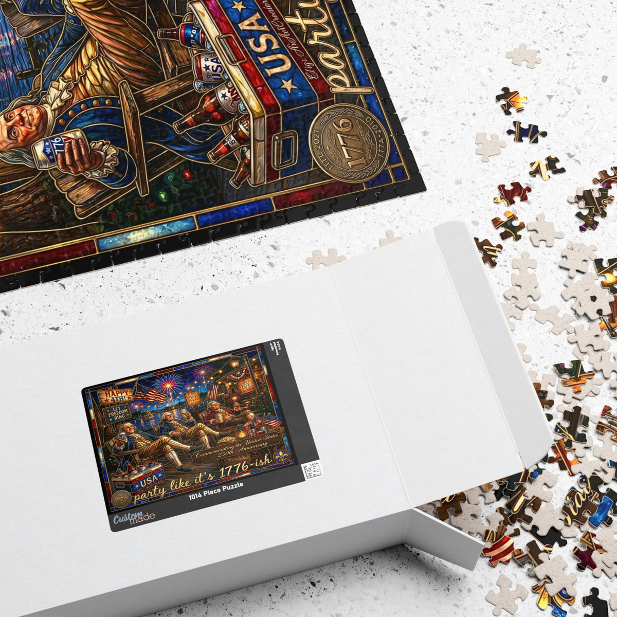 USA Anniversary America's Founding Fathers |250 Years 1776-2026 | Mind-bending, 1014 Piece Faux Stained-Glass Jigsaw Puzzle | Party Like It's 1776-ish