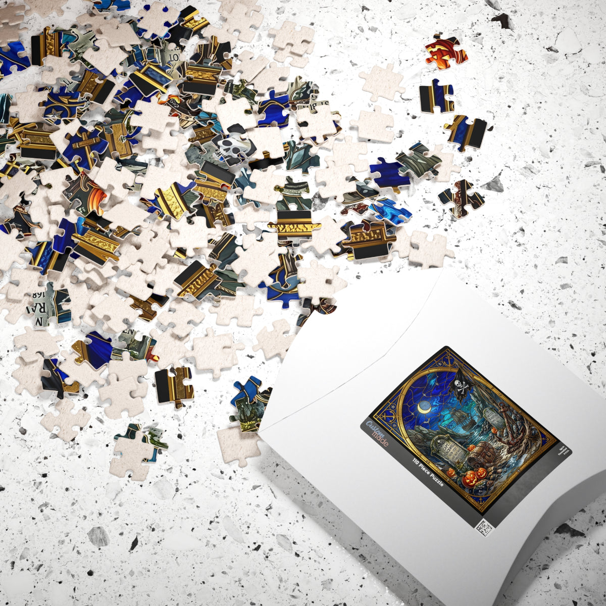 Haunted Pirate Graveyard | Stained-Glass Jigsaw Puzzle | Halloween Jolly Roger, Crescent Moon & Ghost Ship Art | Spooky Nautical Treasure