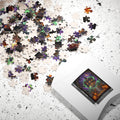 Spooky Haunted House Halloween Art | Stained-Glass Jigsaw Puzzle |  Victorian Mansion Art | Spooky Graveyard Witch Print | Jack-o-Lantern