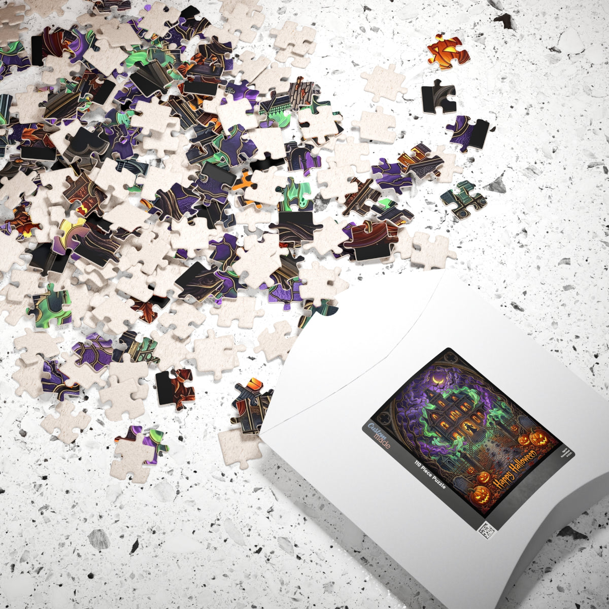 Spooky Haunted House Halloween Art | Stained-Glass Jigsaw Puzzle |  Victorian Mansion Art | Spooky Graveyard Witch Print | Jack-o-Lantern