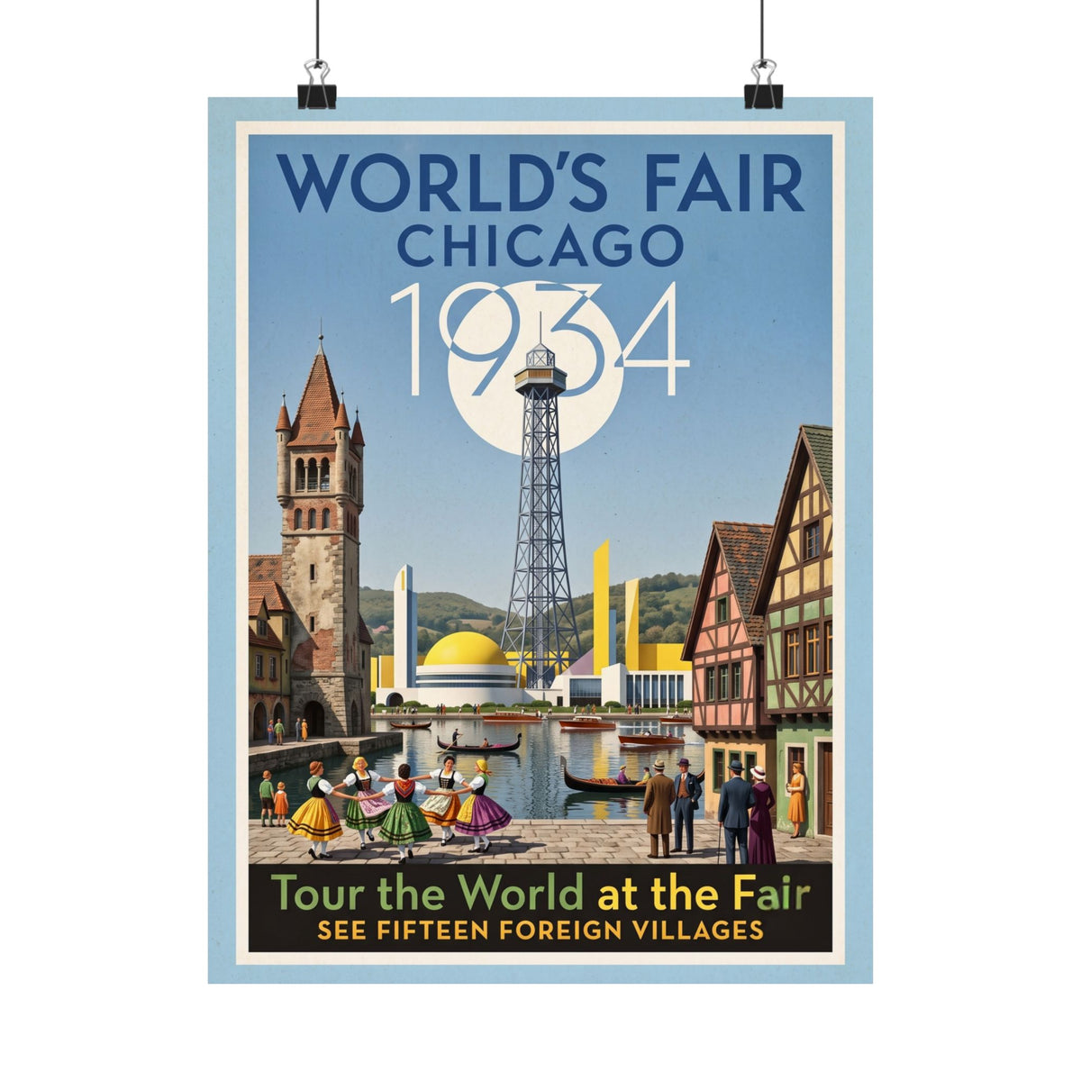 Vintage 1934 Chicago World's Fair Travel Print | Matte Vertical Poster | Art Deco Architecture Wall Art | Retro Chicago History Home Decor