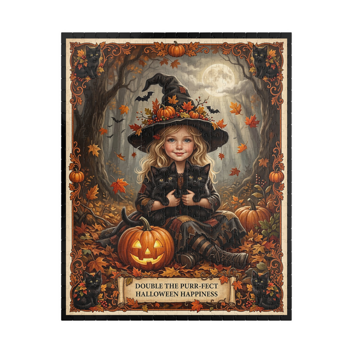 Vintage Double the Purr-fect Halloween Jigsaw Puzzle | Young Blonde Witch, Black Kittens | Autumn Jack-o'-Lantern | Fall Leaves & Full Moon