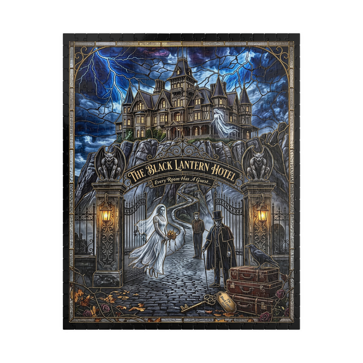 Halloween Haunted House | Faux Stained-Glass Jigsaw Puzzle | Haunted Hotel Gothic Mansion Art | Creepy Ghost Bride, Gargoyles and Crow