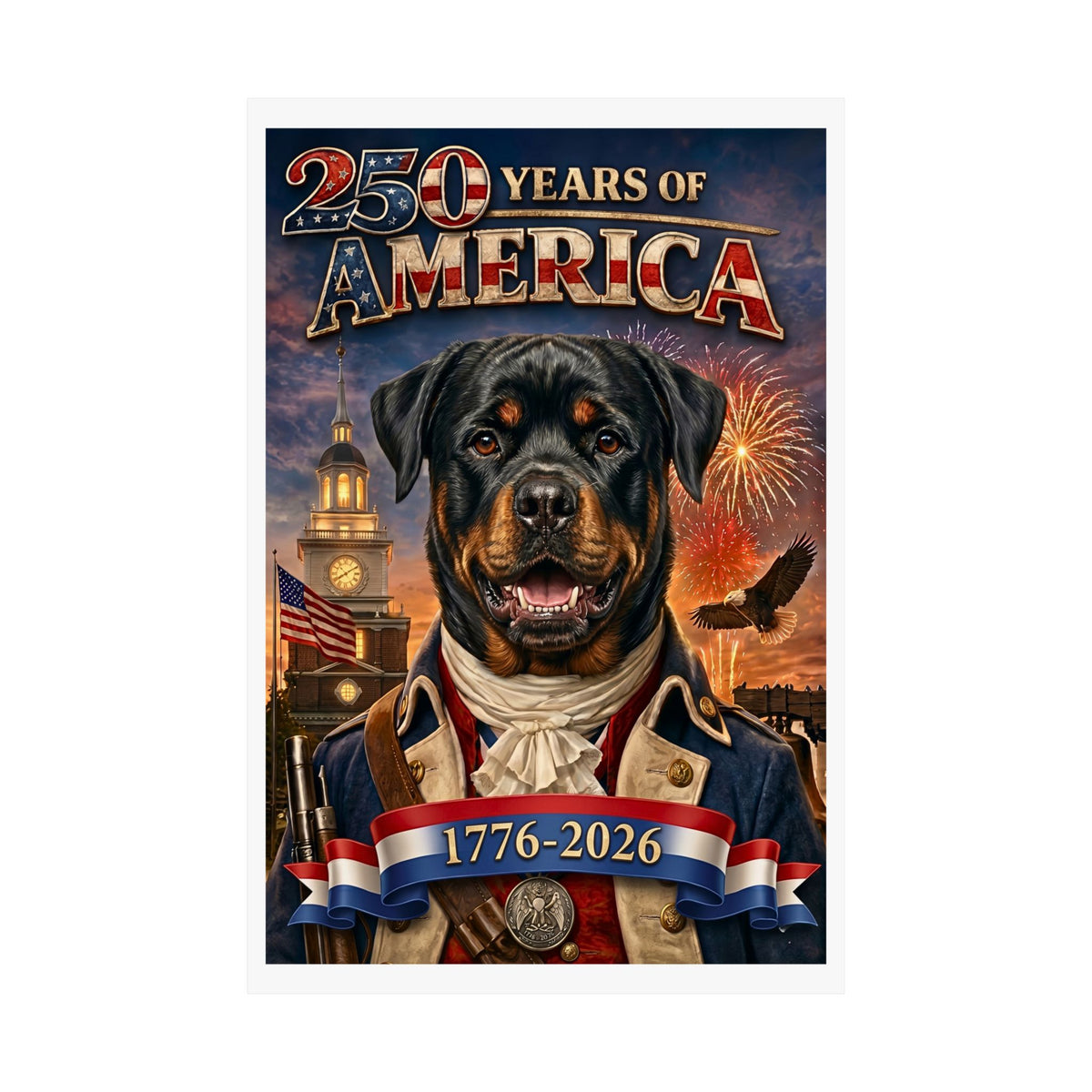 Patriotic ROTTWEILER Dog | Matte Finish Poster | 250 Years of America 1776-2026 | Independence Hall | Soaring Bald Eagle |Fireworks| 5 sizes