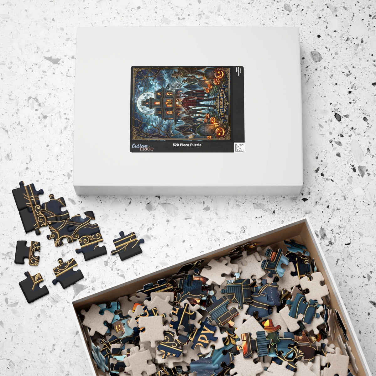 Victorian Haunted House | Faux Stained-Glass Jigsaw Puzzle | Happy Horror-Ween | Classic Horror Monsters, Jack-O-Lanterns, Creeping Spiders