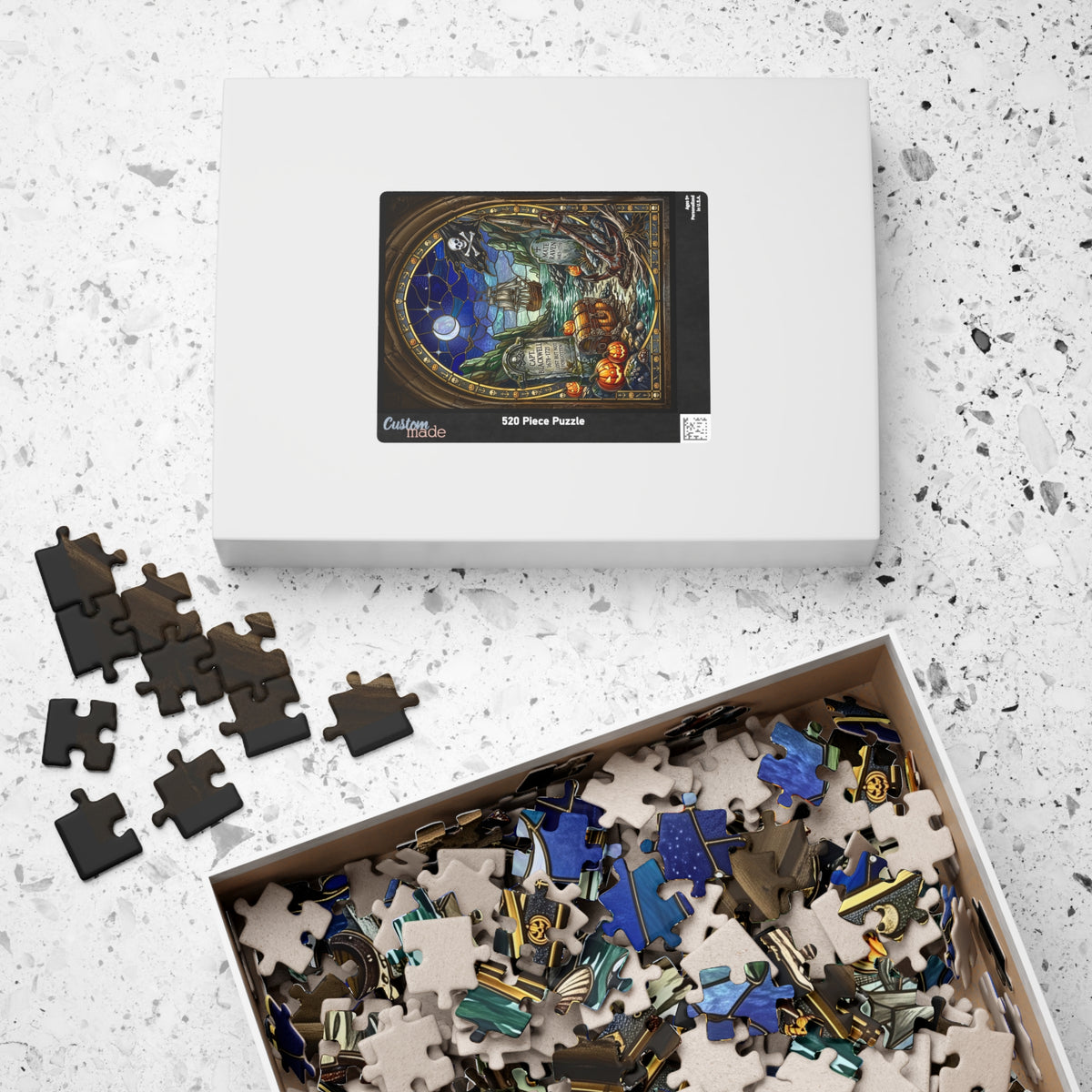 Haunted Pirate Graveyard | Stained-Glass Jigsaw Puzzle | Halloween Jolly Roger, Crescent Moon & Ghost Ship Art | Spooky Nautical Treasure