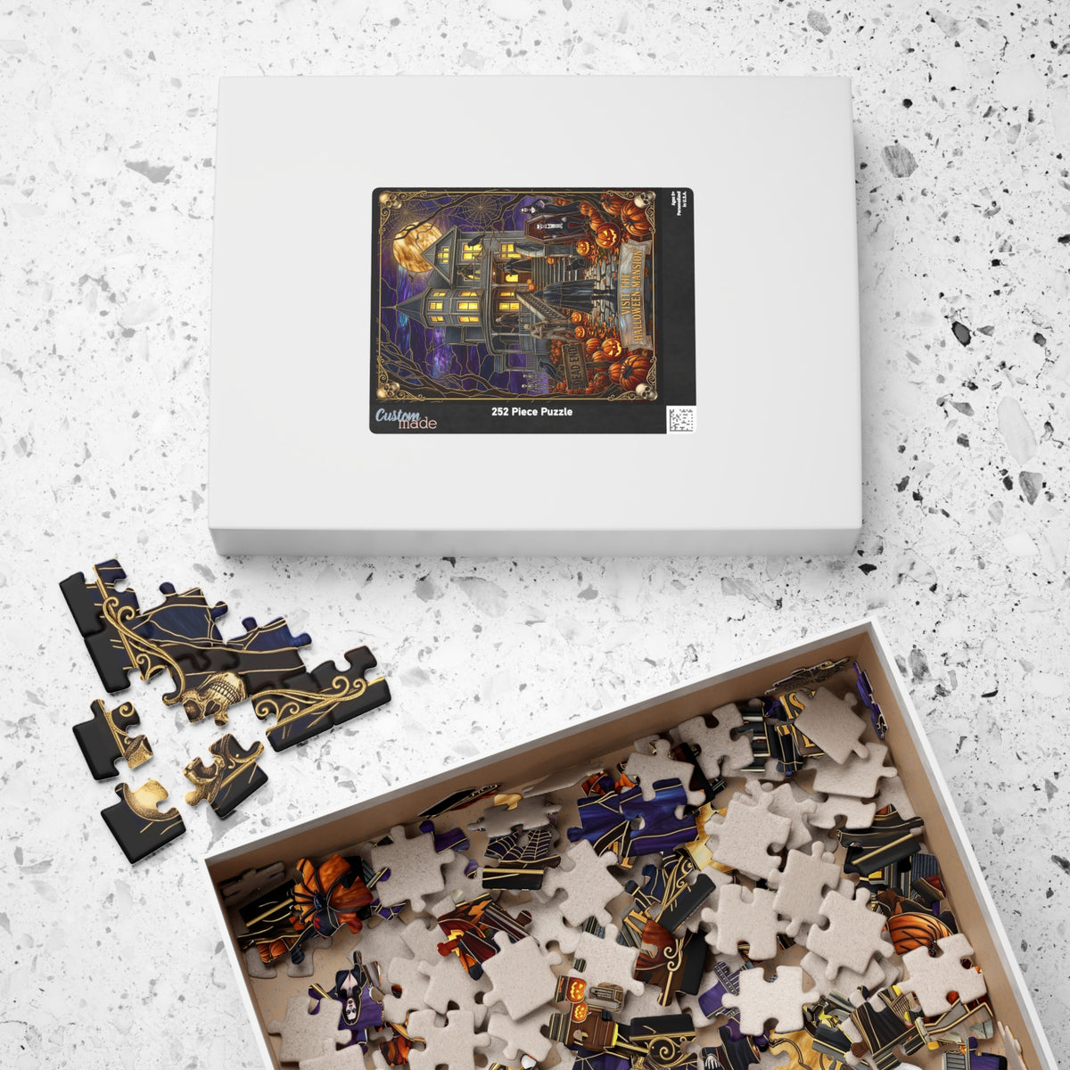 Halloween Mansion Art | Faux Stained-Glass Jigsaw Puzzle | Gothic Victorian Haunted House | Spooky Charcters, Count Dracula, Witch & Mummy