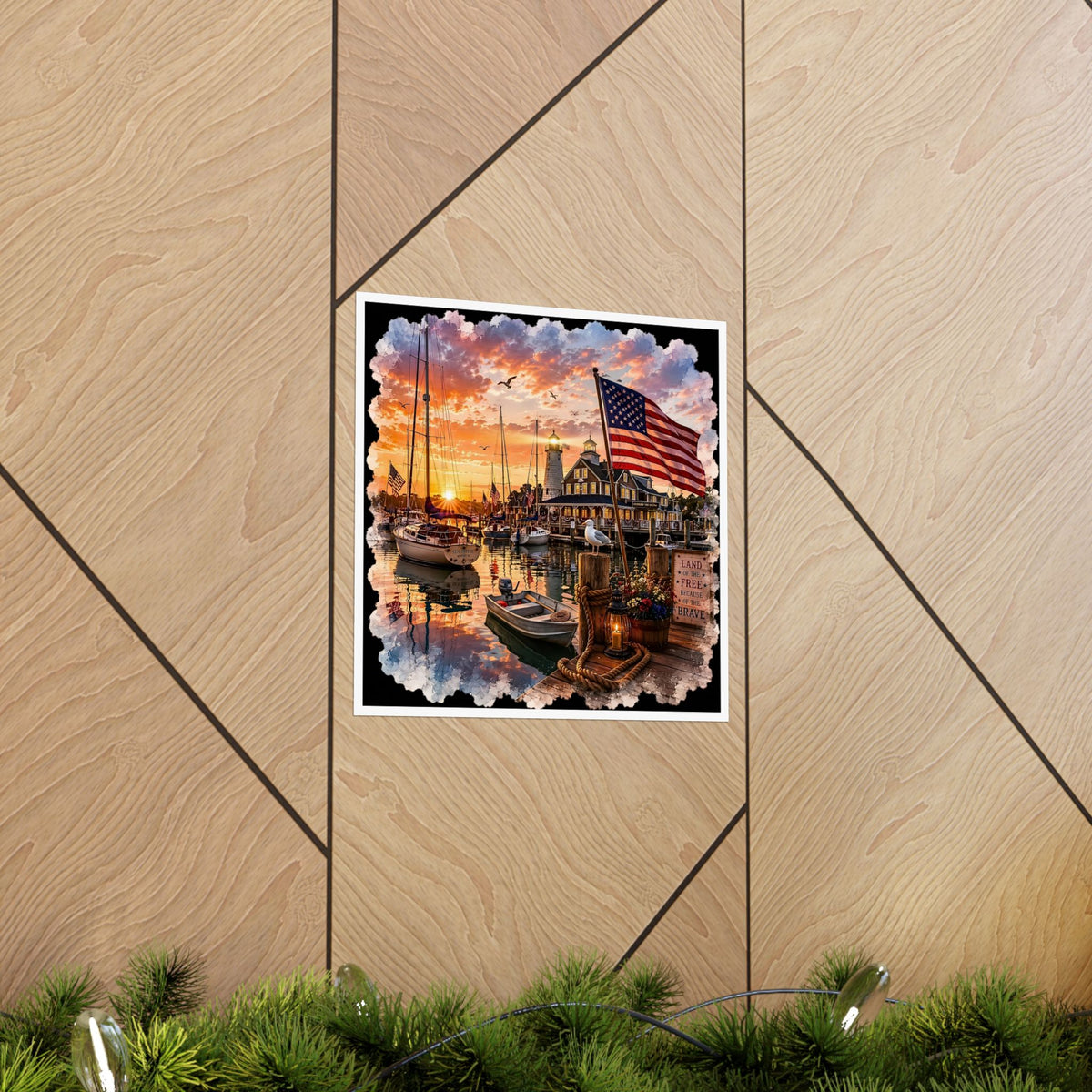 Patriotic Harbor Sunset Watercolor| Matte Square Poster | Land of the Free Because of the Brave Design | Classic Lighthouse, American Flag