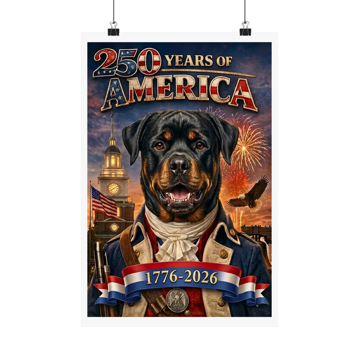 Patriotic ROTTWEILER Dog | Matte Finish Poster | 250 Years of America 1776-2026 | Independence Hall | Soaring Bald Eagle |Fireworks| 5 sizes