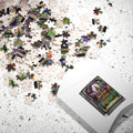 Vintage "Happy Halloween" Stained-Glass Jigsaw Puzzle | Classic Frankenstein & Vampire Monsters | Haunted Victorian Mansion