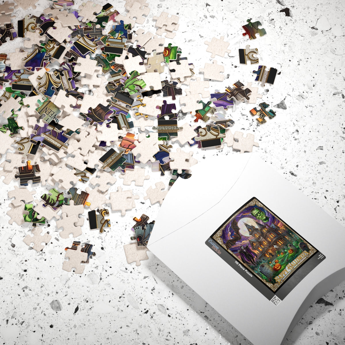 Vintage "Happy Halloween" Stained-Glass Jigsaw Puzzle | Classic Frankenstein & Vampire Monsters | Haunted Victorian Mansion