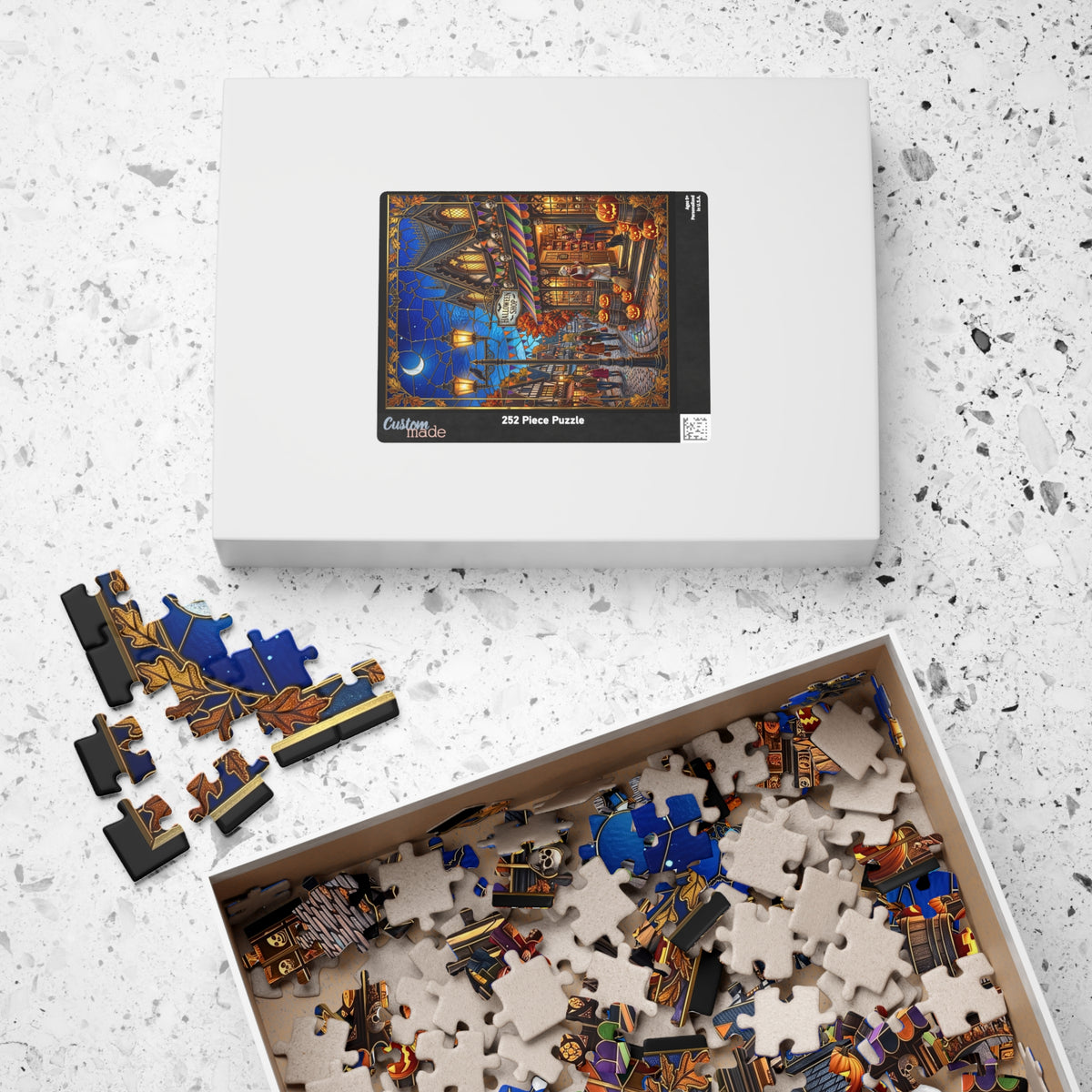 Magical Halloween Shop | Faux Stained-Glass Jigsaw Puzzle | Gothic Autumn Town | Whimsical Spooky Village Street Scene | Black Cat, Pumpkins