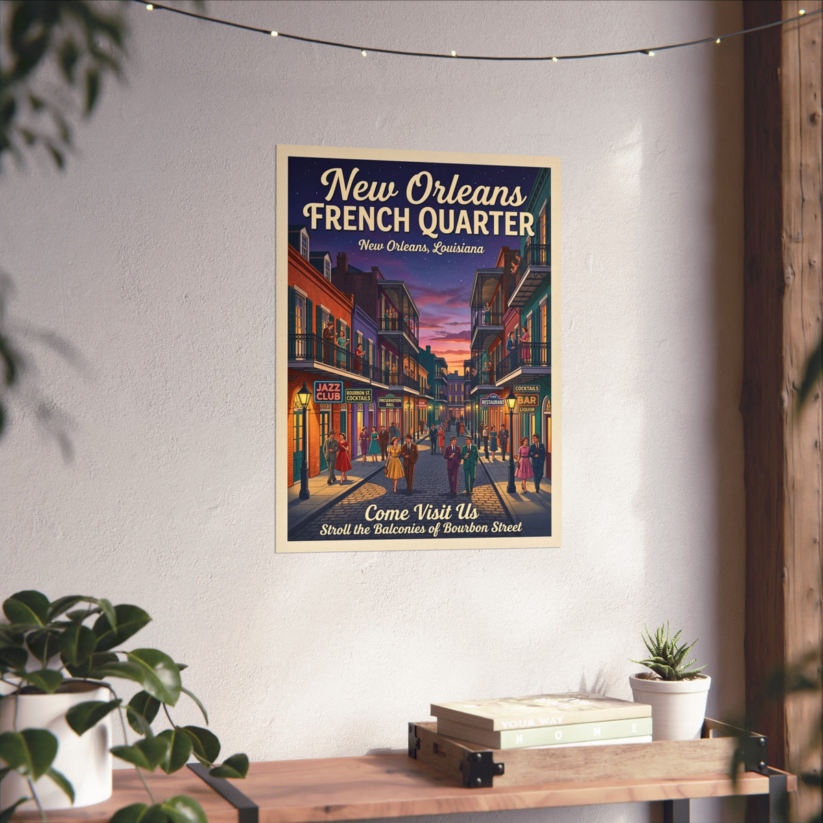 Retro New Orleans Travel Rolled Poster | 1950s French Quarter Twilight Art | Bourbon Street Balcony Print | Photo-realistic NOLA Wall Decor