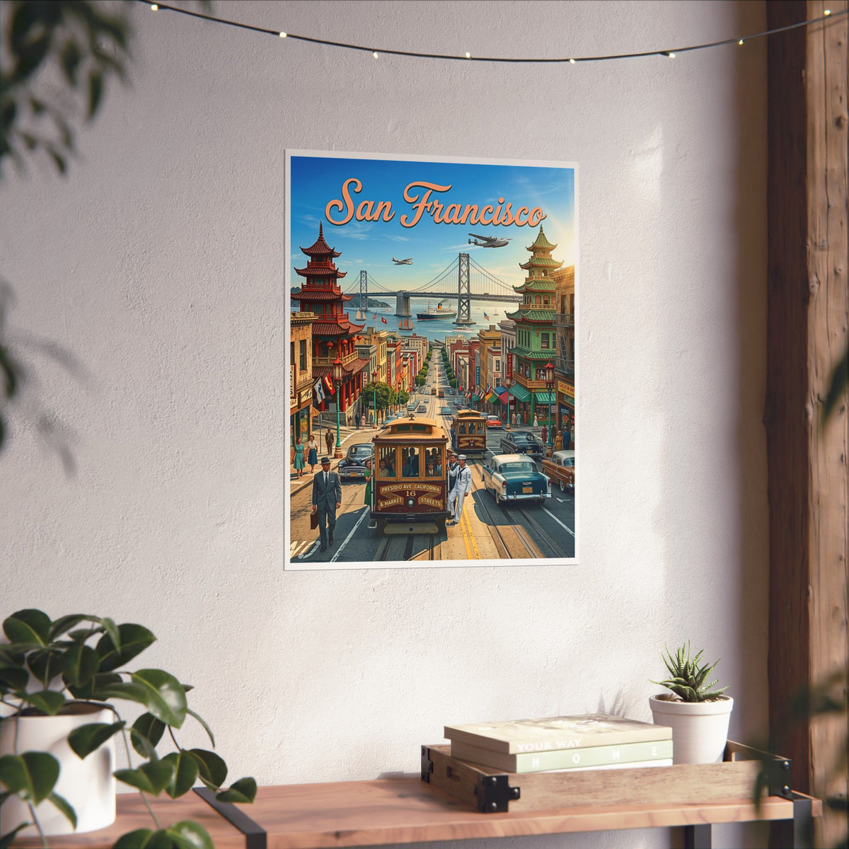 Vintage 1950's San Francisco Travel Art | Matte Vertical Poster | Mid-Century Modern Cable Car| Retro Bay Bridge & Chinatown Cityscape Print