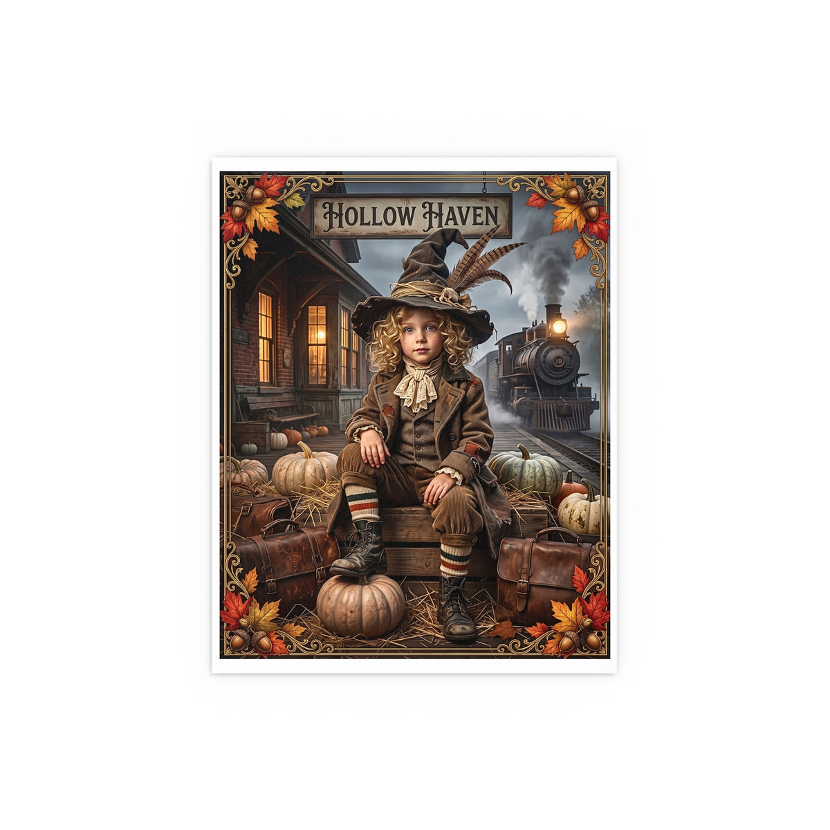 Vintage Halloween Child Traveler | Silk-finish Poster | Whimsical Gothic Autumn Design | 'Hollow Haven' Train Station | Luggage and Pumpkins