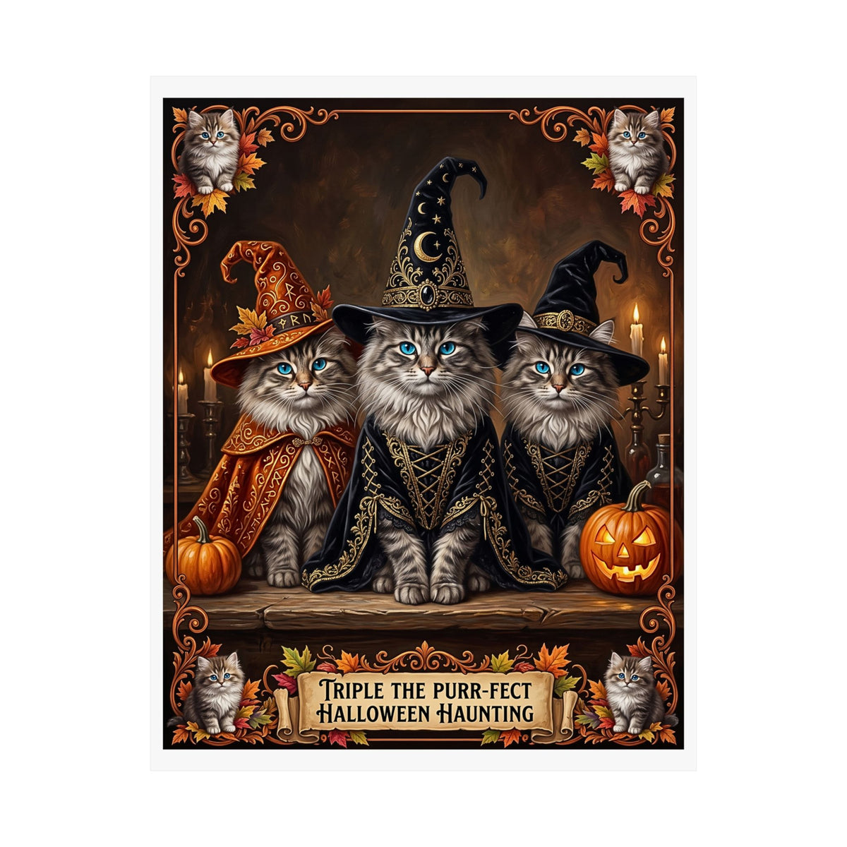 Witch Hat Siberian Kittens Halloween Poster | Triple The Purr-fect Haunting | Whimsical Dark Fantasy Wall Art