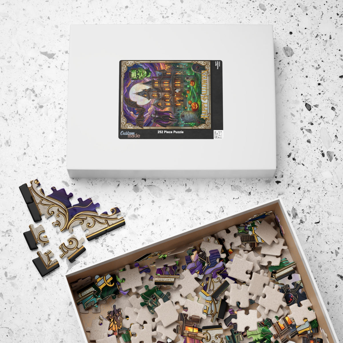 Vintage "Happy Halloween" Stained-Glass Jigsaw Puzzle | Classic Frankenstein & Vampire Monsters | Haunted Victorian Mansion