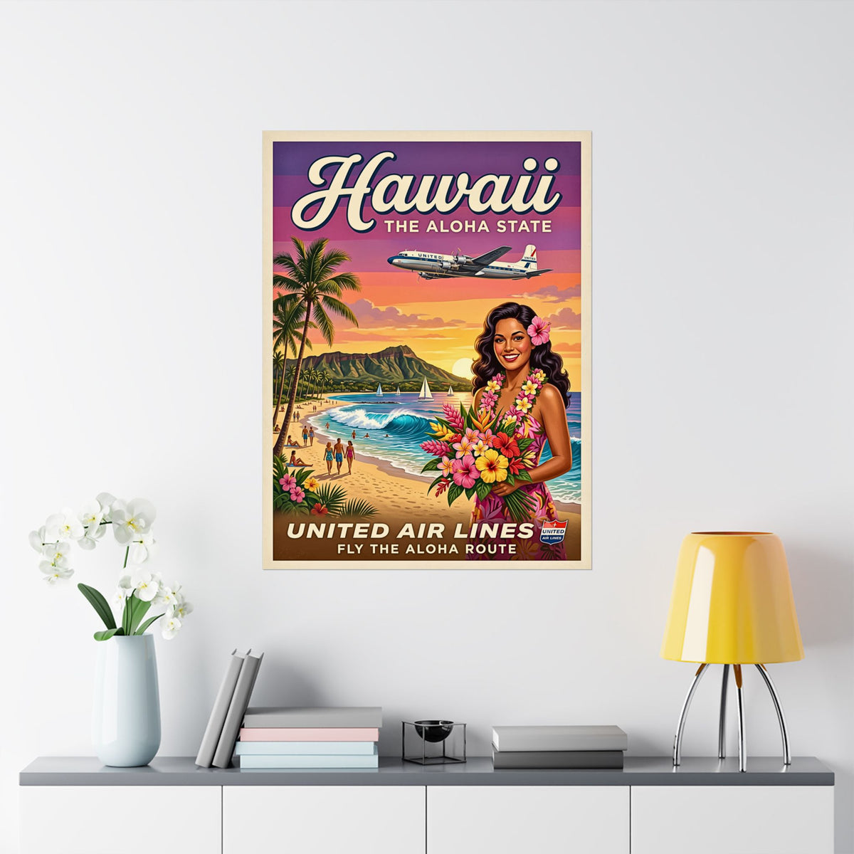 Vintage Hawaii Travel | Matte Vertical Poster | Retro Mid-Century Hawaiian Wall Art | Tropical Beach Airplane Print | The Aloha State