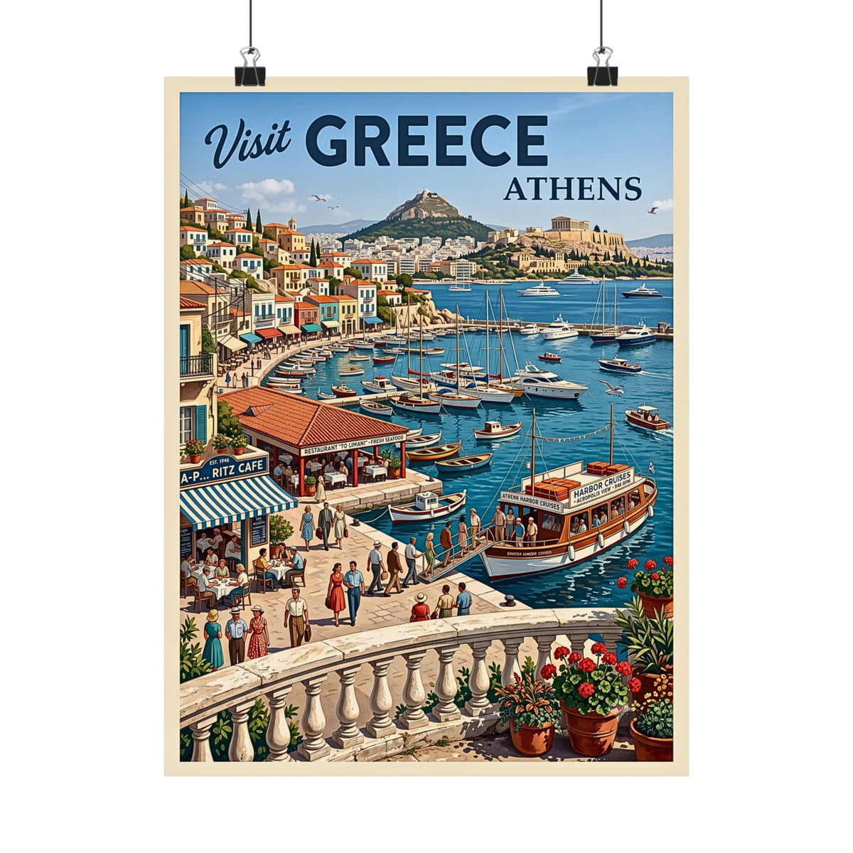 Vintage Athens Greece Classic Travel Print | Matte Vertical Poster | Mid-Century Mediterranean Harbor Wall Art | Retro Acropolis