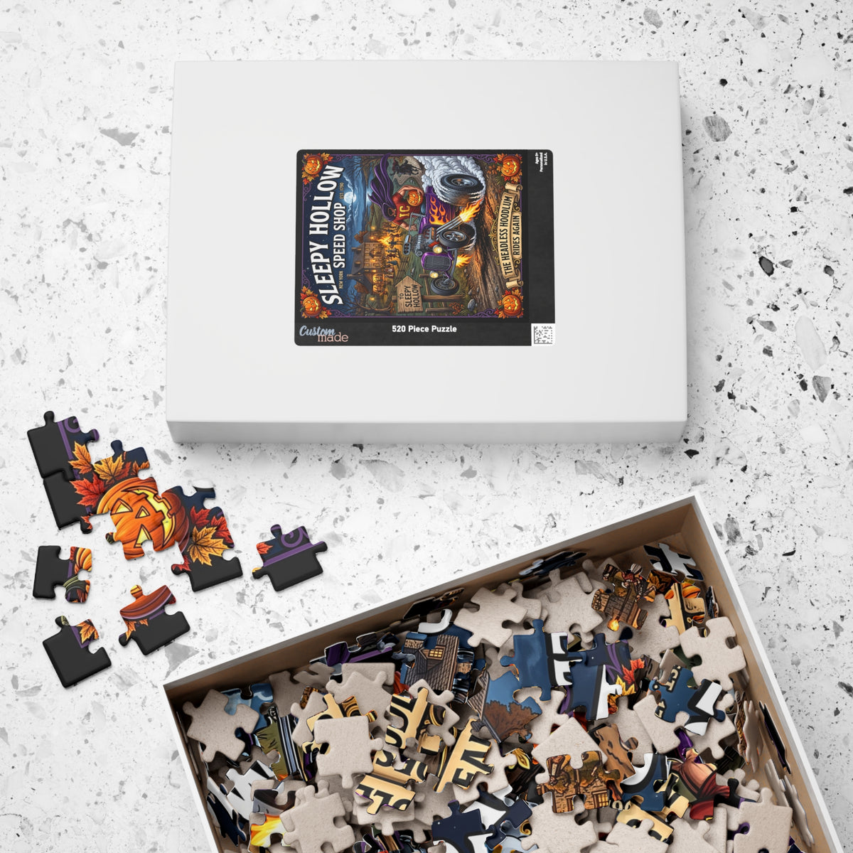 Sleepy Hollow Speed Shop Jigsaw Puzzle | Headless Horseman Vintage Hot Rod Art | Spooky Halloween Harvest Decor | Classic Car Halloween Gift